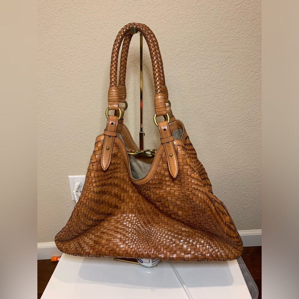COLE HAAN Genevieve Weave Large Triangle Tote Hobo Bag Purse British Tan Cognac